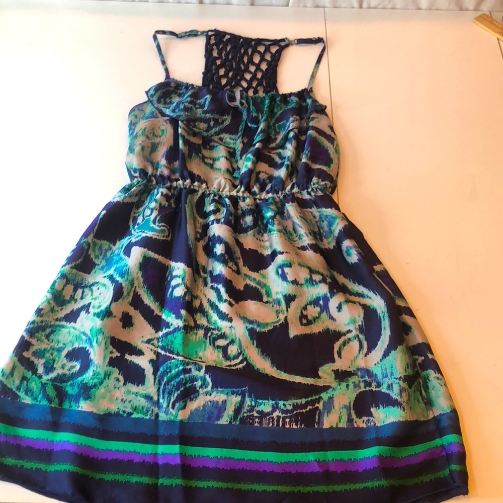 Chic Blue and Green Summer Mini Dress with Knotted Back Women’s XS